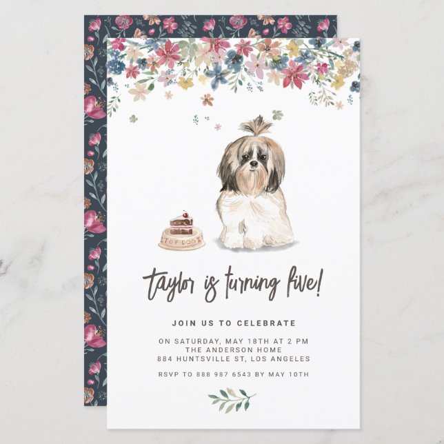 Cute Watercolor Shih Tzu Dog Birthday Invitation (Front/Back)