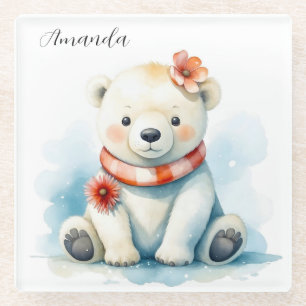 Cute Watercolor Sitting Polar Bear Floral Glass Coaster