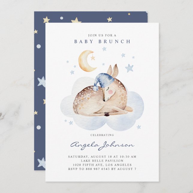 Cute Watercolor Sleeping Baby Deer Baby Brunch Invitation (Front/Back)
