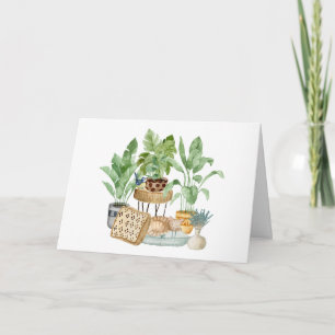 Cute Watercolor Sleeping Cat and House Plants  Card