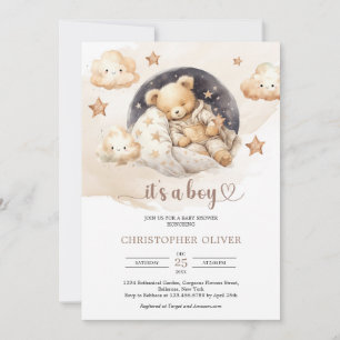 Cute watercolor sleeping teddy bear neutral earthy invitation