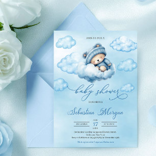 Cute watercolor sleeping teddy bear over the cloud invitation