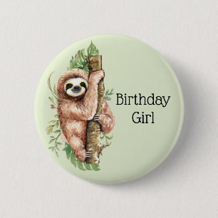 Cute Watercolor Sloth Birthday Girl 6 Cm Round Badge