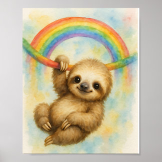 Cute Watercolor Sloth Hanging from Rainbow  Poster