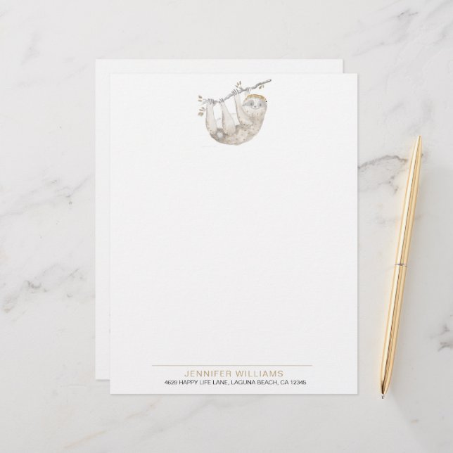 Cute Watercolor Sloth Lovers Letterhead (Front/Back In Situ)