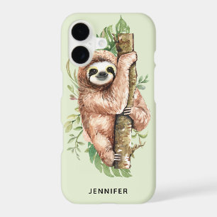 Cute Watercolor Sloth & Tropical Leaves
