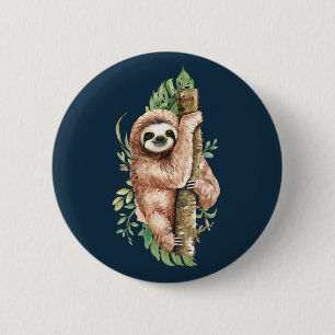 Cute Watercolor Sloth & Tropical Leaves 6 Cm Round Badge