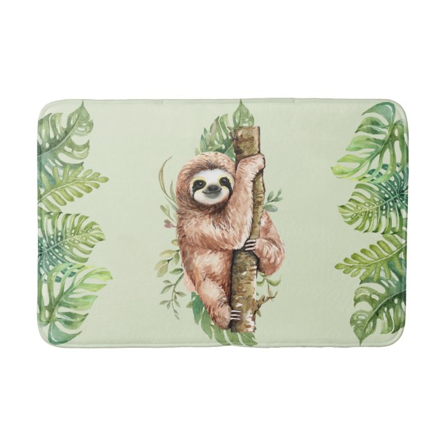 Cute Watercolor Sloth & Tropical Leaves Bath Mat (Front)