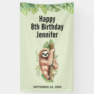 Cute Watercolor Sloth & Tropical Leaves Birthday Banner