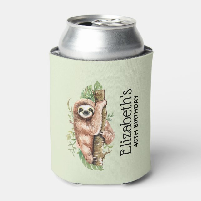 Cute Watercolor Sloth & Tropical Leaves Birthday Can Cooler (Can Front)