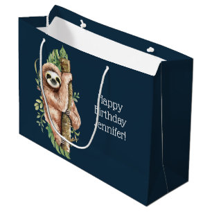 Cute Watercolor Sloth & Tropical Leaves Birthday Large Gift Bag