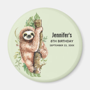 Cute Watercolor Sloth & Tropical Leaves Birthday Magnet