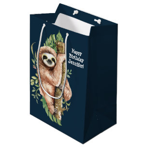 Cute Watercolor Sloth & Tropical Leaves Birthday Medium Gift Bag