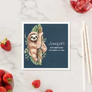 Cute Watercolor Sloth & Tropical Leaves Birthday Napkin