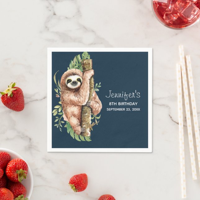 Cute Watercolor Sloth & Tropical Leaves Birthday Napkin (Insitu)