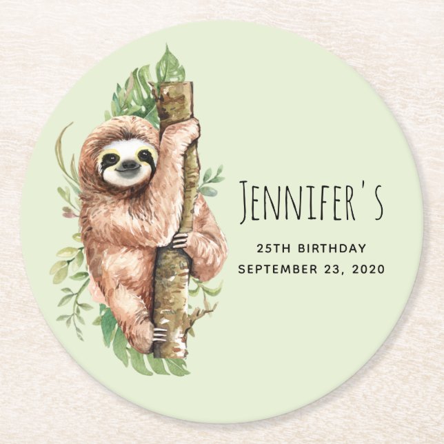 Cute Watercolor Sloth & Tropical Leaves Birthday Round Paper Coaster (Front)