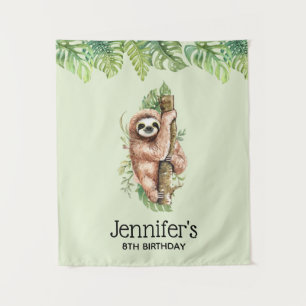 Cute Watercolor Sloth & Tropical Leaves Birthday Tapestry