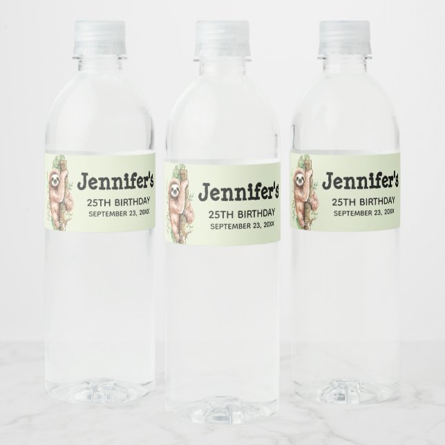 Cute Watercolor Sloth & Tropical Leaves Birthday Water Bottle Label (Bottles)