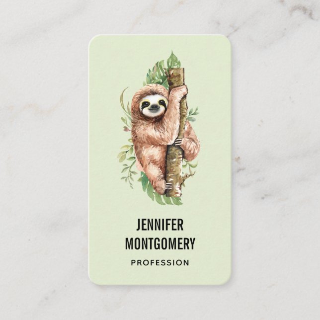 Cute Watercolor Sloth & Tropical Leaves Business Card (Front)