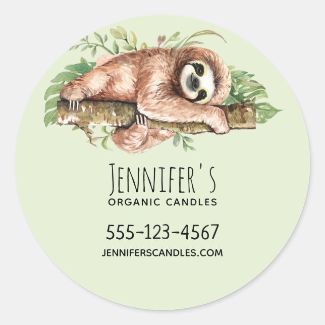 Cute Watercolor Sloth & Tropical Leaves Business Classic Round Sticker (Front)
