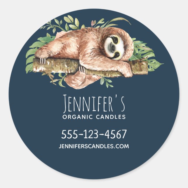 Cute Watercolor Sloth & Tropical Leaves Business Classic Round Sticker (Front)