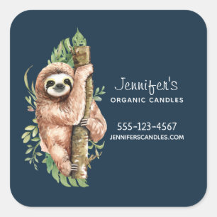 Cute Watercolor Sloth & Tropical Leaves Business Square Sticker