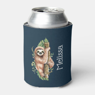 Cute Watercolor Sloth & Tropical Leaves Can Cooler