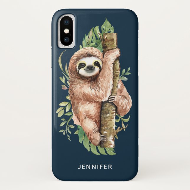 Cute Watercolor Sloth & Tropical Leaves Case-Mate iPhone Case (Back)