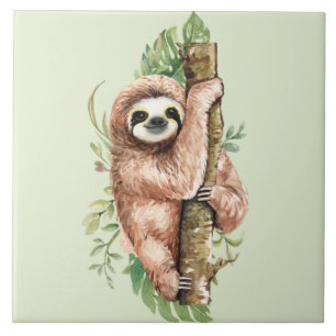 Cute Watercolor Sloth & Tropical Leaves Ceramic Tile