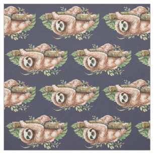 Cute Watercolor Sloth & Tropical Leaves Fabric