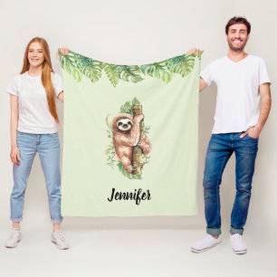 Cute Watercolor Sloth & Tropical Leaves Fleece Blanket