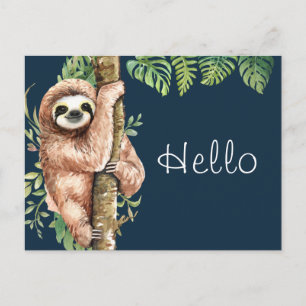 Cute Watercolor Sloth & Tropical Leaves Hello Postcard