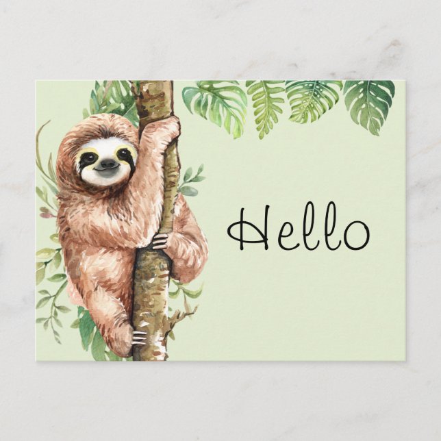 Cute Watercolor Sloth & Tropical Leaves Hello Postcard (Front)
