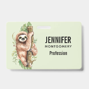 Cute Watercolor Sloth & Tropical Leaves ID Badge