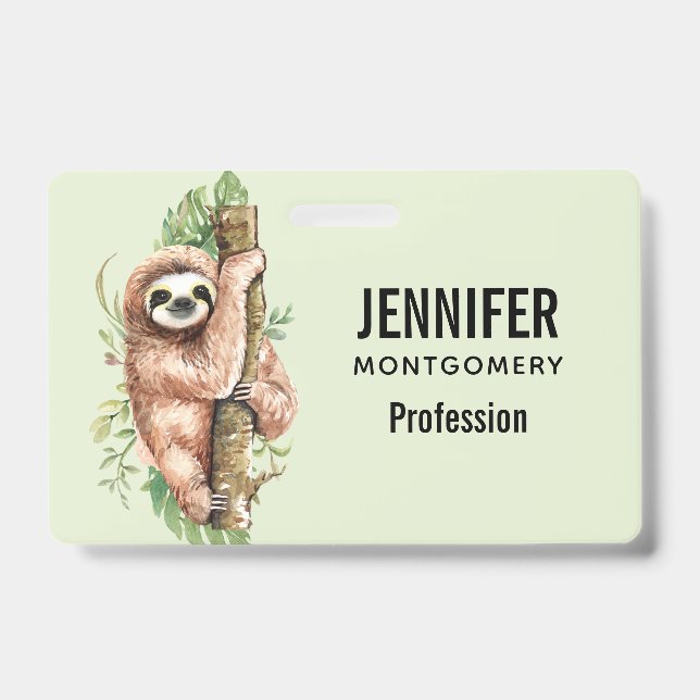 Cute Watercolor Sloth & Tropical Leaves ID Badge (Front)