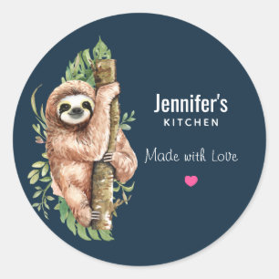 Cute Watercolor Sloth & Tropical Leaves Kitchen Classic Round Sticker