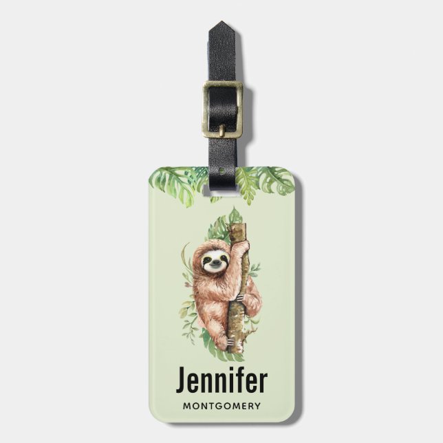 Cute Watercolor Sloth & Tropical Leaves Luggage Tag (Front Vertical)