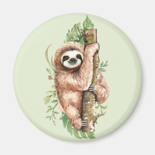 Cute Watercolor Sloth & Tropical Leaves Magnet
