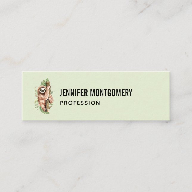 Cute Watercolor Sloth & Tropical Leaves Mini Business Card (Front)