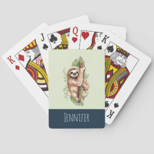 Cute Watercolor Sloth & Tropical Leaves Playing Cards