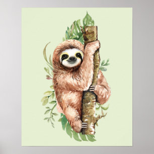 Cute Watercolor Sloth & Tropical Leaves Poster
