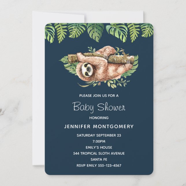 Cute Watercolor Sloth & Tropical Leaves Shower Invitation (Front)