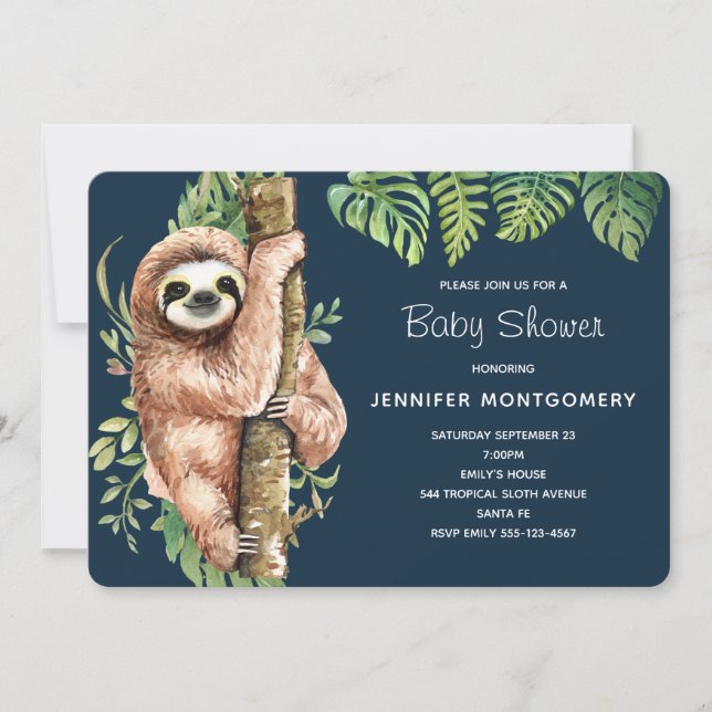 Cute Watercolor Sloth & Tropical Leaves Shower Invitation (Front)