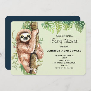 Cute Watercolor Sloth & Tropical Leaves Shower Invitation