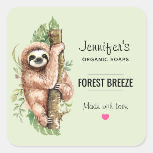 Cute Watercolor Sloth & Tropical Leaves Soap Square Sticker