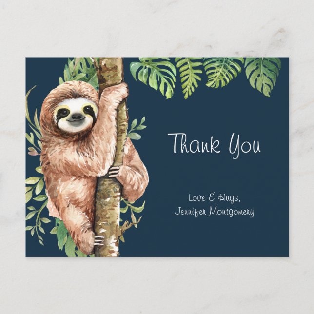 Cute Watercolor Sloth & Tropical Leaves Thank You Postcard (Front)
