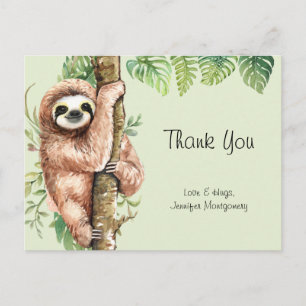 Cute Watercolor Sloth & Tropical Leaves Thank You Postcard
