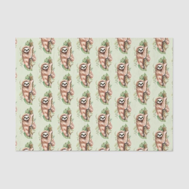 Cute Watercolor Sloth & Tropical Leaves Tissue Paper (Front)