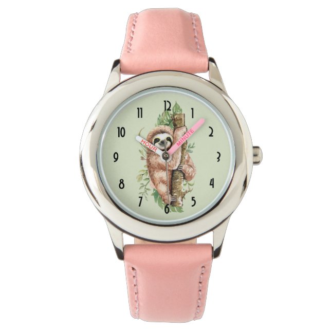 Cute Watercolor Sloth & Tropical Leaves Watch (Front)