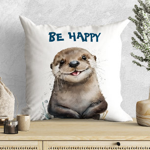 Cute Watercolor Smiling Happy Otter Cushion
